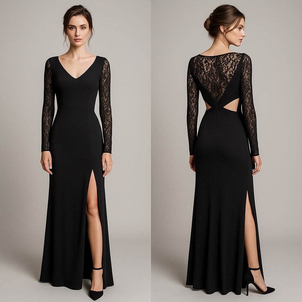 Express Black Lace Sleeve Maxi Dress Cutout Back Romantic Elegant NWT XS/S